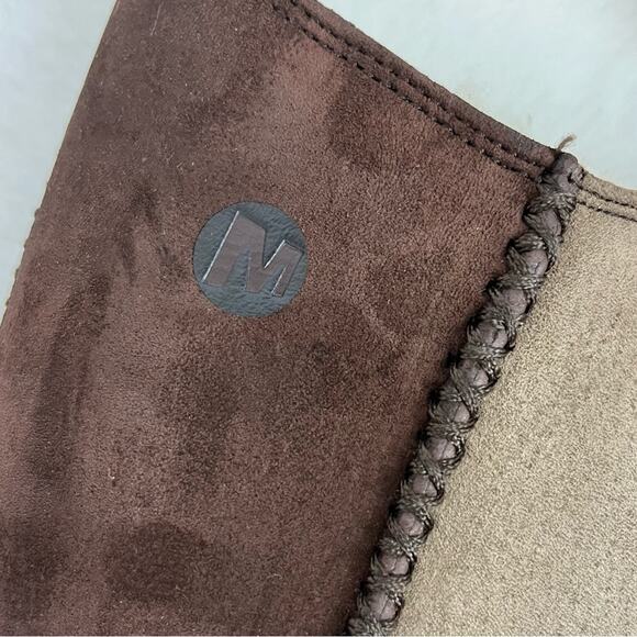 Merrell Suede Boots Mid Calf Winter Two Tone Faux Fur Lined 8 Brown - Picture 9 of 13